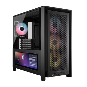 صندوق احترافي ألعاب Corsair FRAME 4000D LCD RS ARGB، ميد‑تاور فاخرة، شاشة لمس Xeneon Edge بحجم 14.5 بوصة، 4 مراوح RS120 PWM ARGB، نظام تركيب مراوح InfiniRail™ مرن – أسود