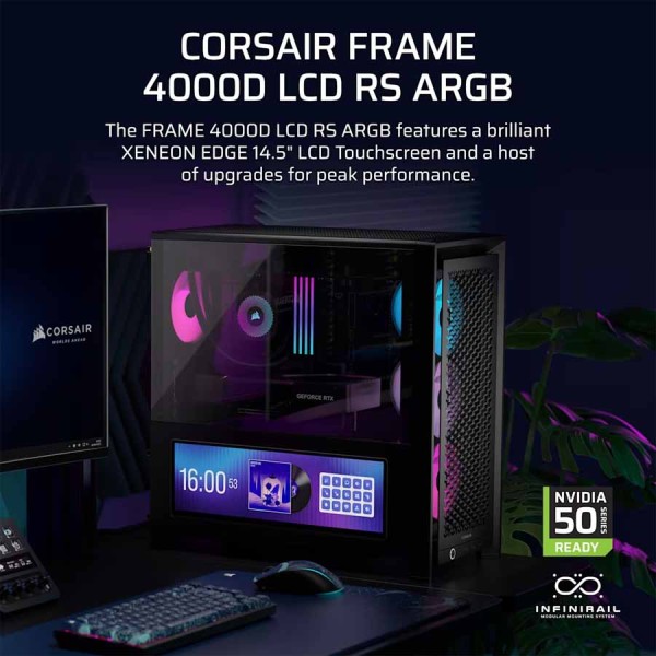 صندوق احترافي ألعاب Corsair FRAME 4000D LCD RS ARGB، ميد‑تاور فاخرة، شاشة لمس Xeneon Edge بحجم 14.5 بوصة، 4 مراوح RS120 PWM ARGB، نظام تركيب مراوح InfiniRail™ مرن – أسود