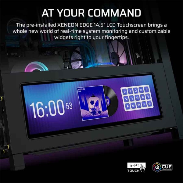 صندوق احترافي ألعاب Corsair FRAME 4000D LCD RS ARGB، ميد‑تاور فاخرة، شاشة لمس Xeneon Edge بحجم 14.5 بوصة، 4 مراوح RS120 PWM ARGB، نظام تركيب مراوح InfiniRail™ مرن – أسود