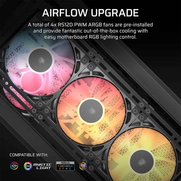 صندوق احترافي ألعاب Corsair FRAME 4000D LCD RS ARGB، ميد‑تاور فاخرة، شاشة لمس Xeneon Edge بحجم 14.5 بوصة، 4 مراوح RS120 PWM ARGB، نظام تركيب مراوح InfiniRail™ مرن – أسود