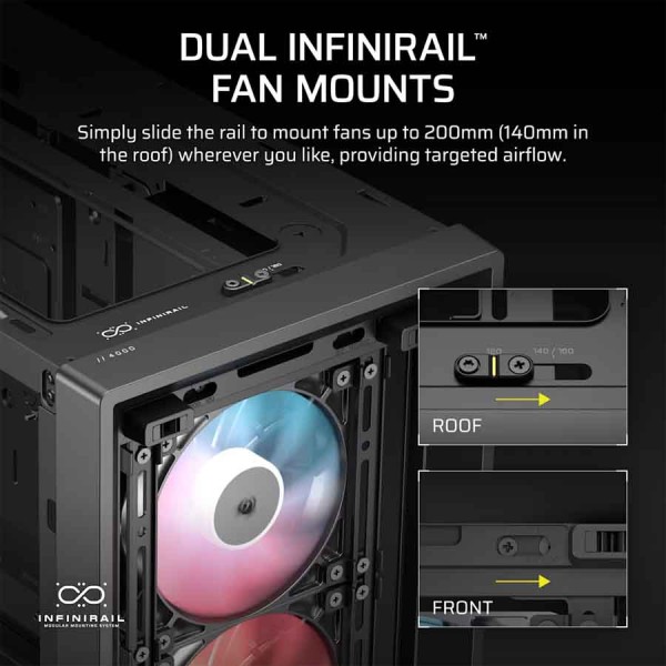 صندوق احترافي ألعاب Corsair FRAME 4000D LCD RS ARGB، ميد‑تاور فاخرة، شاشة لمس Xeneon Edge بحجم 14.5 بوصة، 4 مراوح RS120 PWM ARGB، نظام تركيب مراوح InfiniRail™ مرن – أسود