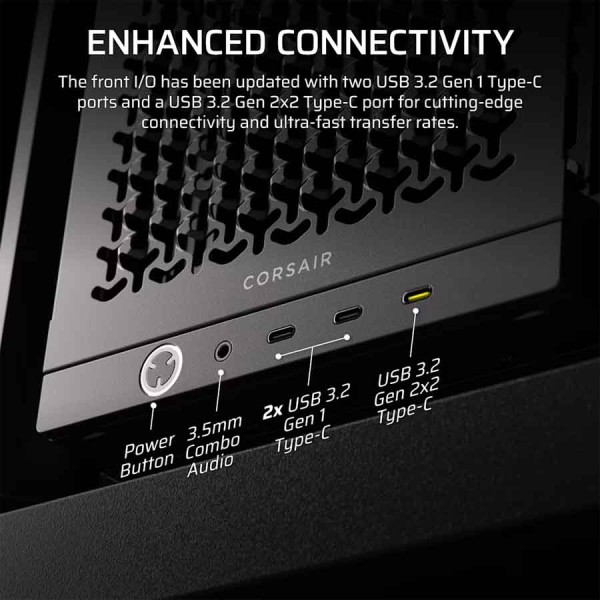 صندوق احترافي ألعاب Corsair FRAME 4000D LCD RS ARGB، ميد‑تاور فاخرة، شاشة لمس Xeneon Edge بحجم 14.5 بوصة، 4 مراوح RS120 PWM ARGB، نظام تركيب مراوح InfiniRail™ مرن – أسود