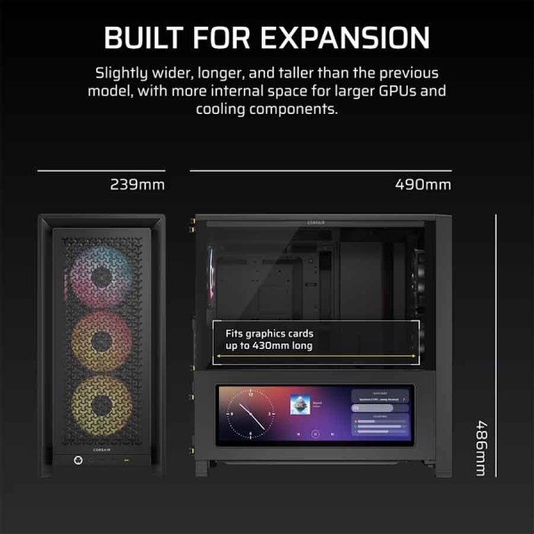 صندوق احترافي ألعاب Corsair FRAME 4000D LCD RS ARGB، ميد‑تاور فاخرة، شاشة لمس Xeneon Edge بحجم 14.5 بوصة، 4 مراوح RS120 PWM ARGB، نظام تركيب مراوح InfiniRail™ مرن – أسود