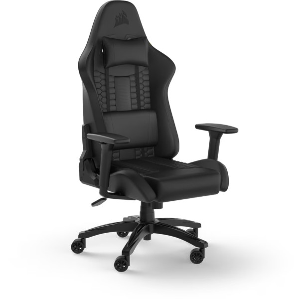 كرسي ألعاب CORSAIR TC100 RELAXED, تصميم RELAXED, وسادة رأس قابلة للتعديل, آلية إمالة حتى 160°, مساند ذراع 2D, قدرة تحمل حتى 120 كجم – أسود