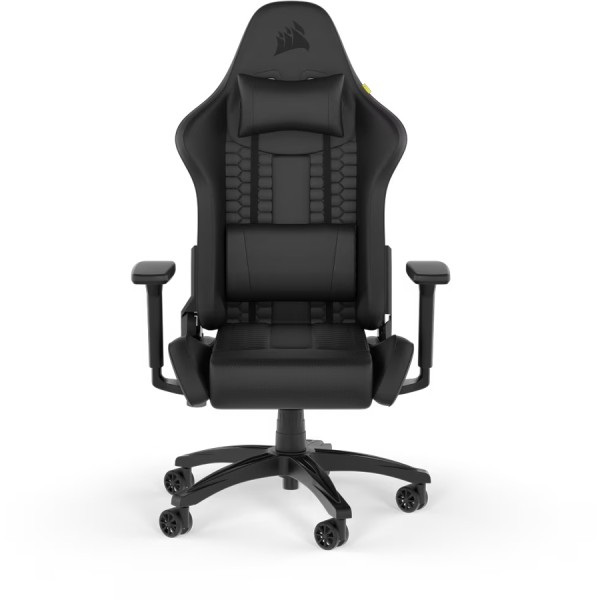 كرسي ألعاب CORSAIR TC100 RELAXED, تصميم RELAXED, وسادة رأس قابلة للتعديل, آلية إمالة حتى 160°, مساند ذراع 2D, قدرة تحمل حتى 120 كجم – أسود