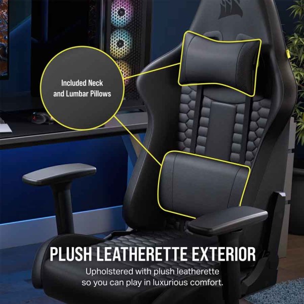 كرسي ألعاب CORSAIR TC100 RELAXED, تصميم RELAXED, وسادة رأس قابلة للتعديل, آلية إمالة حتى 160°, مساند ذراع 2D, قدرة تحمل حتى 120 كجم – أسود