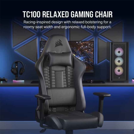 كرسي ألعاب CORSAIR TC100 RELAXED, تصميم RELAXED, وسادة رأس قابلة للتعديل, آلية إمالة حتى 160°, مساند ذراع 2D, قدرة تحمل حتى 120 كجم – أسود كرسي ألعاب CORSAIR TC100 RELAXED, تصميم RELAXED, وسادة رأس قابلة للتعديل, آلية إمالة حتى 160°, مساند ذراع 2D, قدرة تحمل حتى 120 كجم – أسود