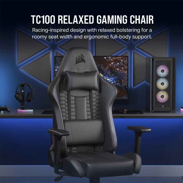 كرسي ألعاب CORSAIR TC100 RELAXED, تصميم RELAXED, وسادة رأس قابلة للتعديل, آلية إمالة حتى 160°, مساند ذراع 2D, قدرة تحمل حتى 120 كجم – أسود