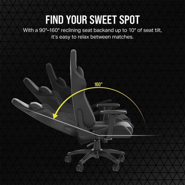 كرسي ألعاب CORSAIR TC100 RELAXED, تصميم RELAXED, وسادة رأس قابلة للتعديل, آلية إمالة حتى 160°, مساند ذراع 2D, قدرة تحمل حتى 120 كجم – أسود