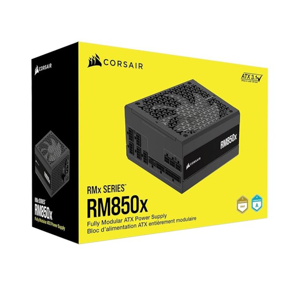 مزود طافة CORSAIR RM850x, قدرة 850 واط, شهادة كفاءة 80+ Gold, تصميم كامل قابل للفصل لتسهيل إدارة الكابلات, دعم معيار ATX 3.1, مروحة 135 مم بنظام Rifle Bearing - أسود