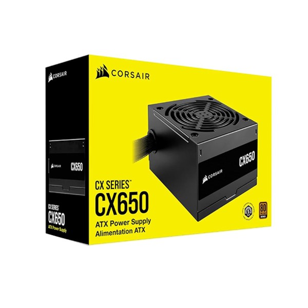 مزود الطاقة CORSAIR CX650, قدرة 650 واط, شهادة كفاءة 80 PLUS Bronze, مقاس ATX,  مروحة تبريد 120 مم, تصميم غير معياري مع كابلات ثابتة ومسطحة - أسود