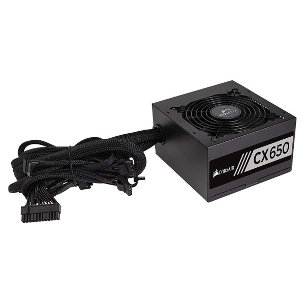 مزود الطاقة CORSAIR CX650, قدرة 650 واط, شهادة كفاءة 80 PLUS Bronze, مقاس ATX,  مروحة تبريد 120 مم, تصميم غير معياري مع كابلات ثابتة ومسطحة - أسود