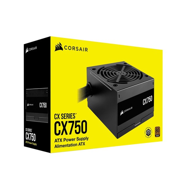 مزود الطاقة CORSAIR CX750, قدرة 750 واط, شهادة كفاءة 80 PLUS Bronze, مقاس ATX, مروحة تبريد 120 مم, تصميم غير معياري مع كابلات ثابتة ومسطحة - أسود