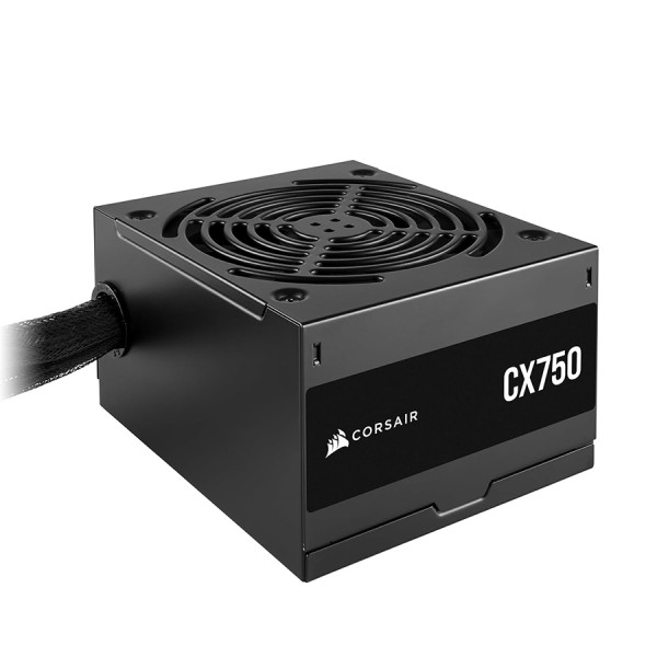 مزود الطاقة CORSAIR CX750, قدرة 750 واط, شهادة كفاءة 80 PLUS Bronze, مقاس ATX, مروحة تبريد 120 مم, تصميم غير معياري مع كابلات ثابتة ومسطحة - أسود