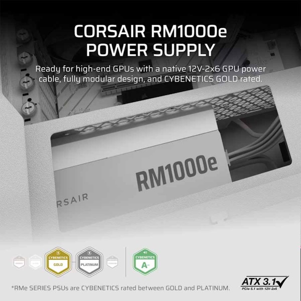 Power Supply CORSAIR RM1000e ,1000W continuous power output ,80 PLUS Gold efficiency ,ATX 3.1 power ,Zero RPM mode - White