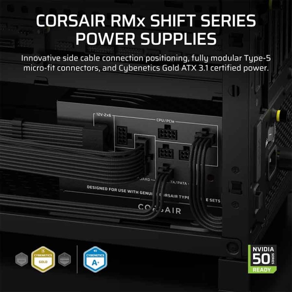 Power Supply CORSAIR RM750x SHIFT 750W Fully Mod continuous power output ,80 PLUS Gold efficiency ,SHIFT side ,Zero RPM fan mode -Black