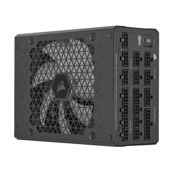 مزود طاقة Corsair HX1200i، شهادة كفاءة 80 PLUS Platinum، يدعم ATX 3.1 و PCIe 5، تقنية Zero RPM Mode للتشغيل الصامت، مكثفات يابانية عالية الجودة – اسود