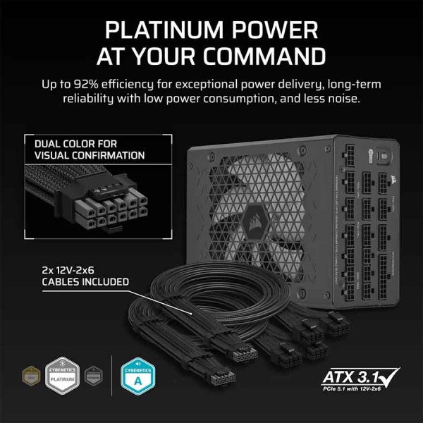 مزود طاقة Corsair HX1200i، شهادة كفاءة 80 PLUS Platinum، يدعم ATX 3.1 و PCIe 5، تقنية Zero RPM Mode للتشغيل الصامت، مكثفات يابانية عالية الجودة – اسود