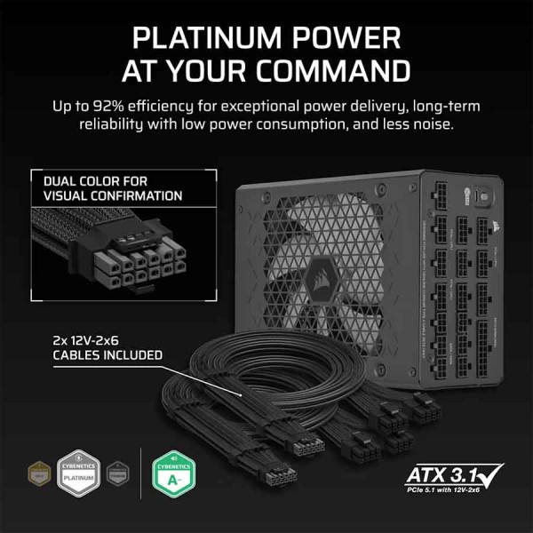 Power Supply Corsair HX1500i 1500W Fully Modular ,80 PLUS Platinum certification ,140mm cooling fan ,Zero RPM Mode ,12V-2x6 / PCIe 5 cable - Black