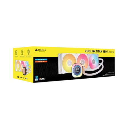 مبرد مائي CORSAIR iCUE LINK TITAN 360 RX LCD, مقاس 360 مم , مع 3 مراوح RX120 RGB , شاشة LCD قياس 2.1 بوصة, أنابيب مطاطية, تحكم كامل عبر iCUE LINK - أبيض