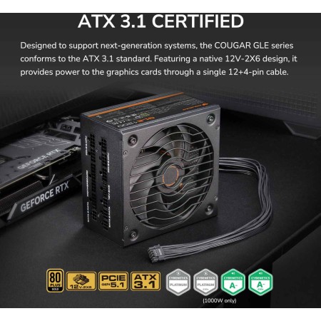 Power Supply COUGAR GLE 1000W 80 PLUS Gold Fully Modular, ATX 3.1, PCIe 5.0 Ready - BLACK Power Supply COUGAR GLE 1000W 80 PLUS Gold Fully Modular, ATX 3.1, PCIe 5.0 Ready - BLACK