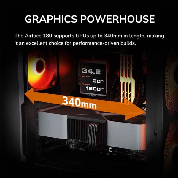 صندوق احترافي COUGAR AIRFACE 180 RGB بواجهة Mesh كاملة، يتضمن منفذ USB 3.2 Gen 2 Type-C في الواجهة الأمامية - اسود