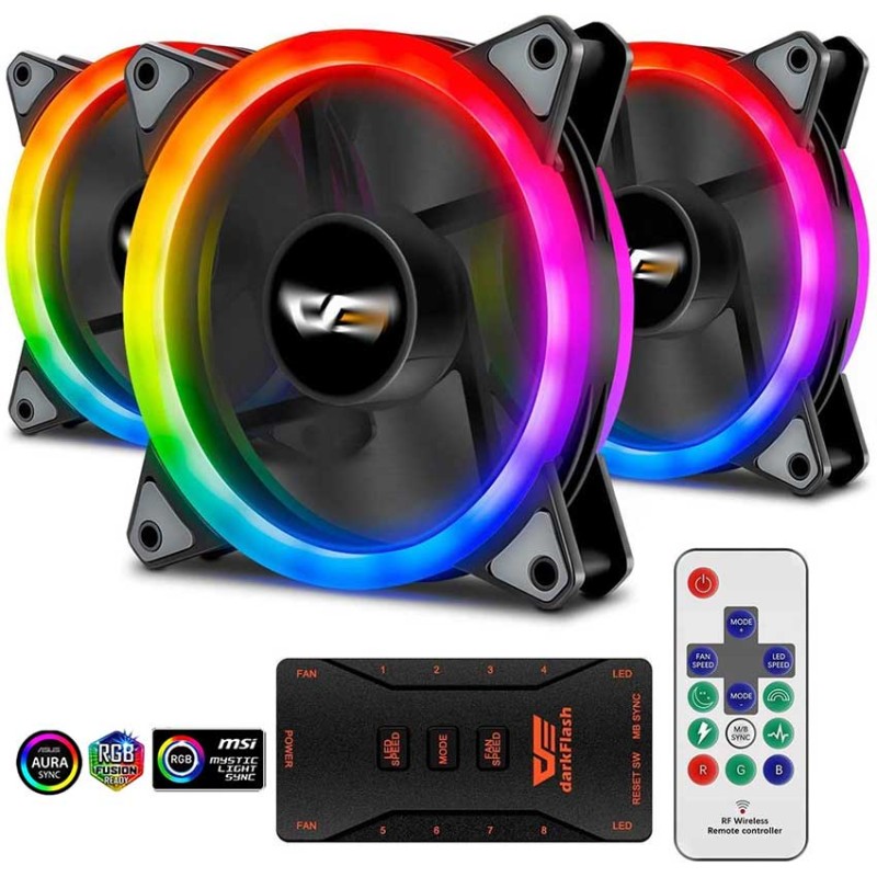 DarkFlash Aurora DR12 Pro 3-Pack Addressable 120mm RGB LED Case Fan Kit Compatible with ASUS Aura Sync High Performance Speed Controllable Colorful Fans with Controller and Remote