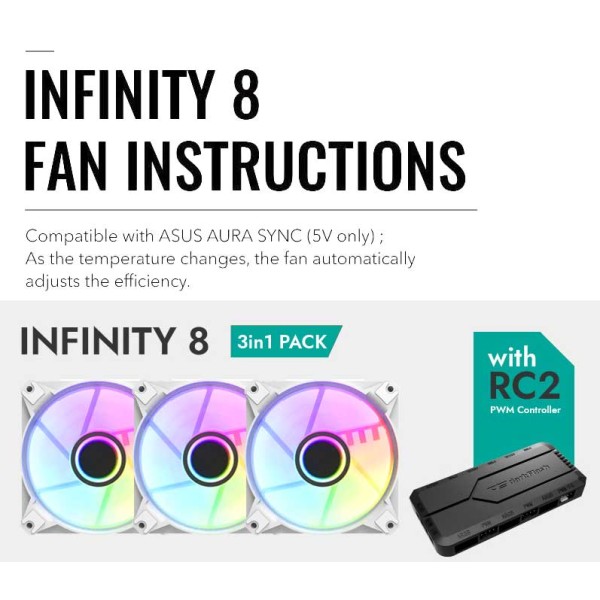 DarkFlash Infinity 8 PWM aRGB Fan, 120mm Cooling, 3 Fan Pack | دارك فلاش انفنتي 3 مراوح مضيئة لون أبيض