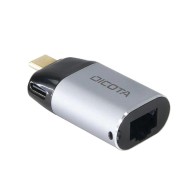 محول DICOTA USB-C إلى Ethernet Mini Adapter,  دعم شبكة Gigabit Ethernet بسرعة تصل إلى 1000 مب/ثا, يوفر توصيل الطاقة Power Delivery حتى 100W, دعم التشغيل الفوري - فضي 