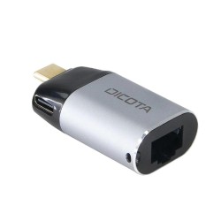 محول DICOTA USB-C إلى Ethernet Mini Adapter,  دعم شبكة Gigabit Ethernet بسرعة تصل إلى 1000 مب/ثا, يوفر توصيل الطاقة Power Delivery حتى 100W, دعم التشغيل الفوري - فضي 