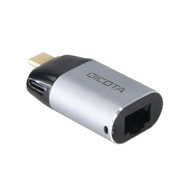 محول DICOTA USB-C إلى Ethernet Mini Adapter,  دعم شبكة Gigabit Ethernet بسرعة تصل إلى 1000 مب/ثا, يوفر توصيل الطاقة Power Delivery حتى 100W, دعم التشغيل الفوري - فضي
