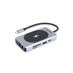 وحدة الشحن والتوصيل متعددة الوظائف DICOTA USB-C 10-in-1, شحن لاسلكي بقدرة تصل إلى 15 واط, منافذ متعددة للأجهزة الطرفية, منفذ شبكة Ethernet RJ-45 - فضي 