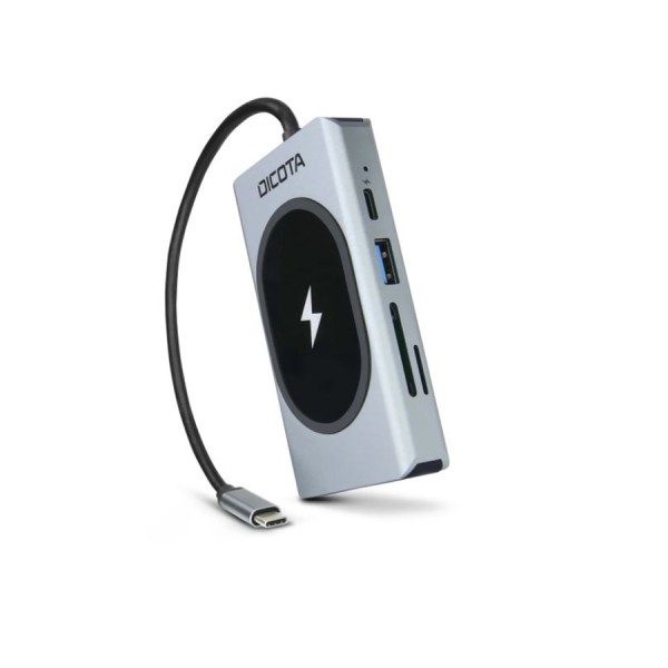 وحدة الشحن والتوصيل متعددة الوظائف DICOTA USB-C 10-in-1, شحن لاسلكي بقدرة تصل إلى 15 واط, منافذ متعددة للأجهزة الطرفية, منفذ شبكة Ethernet RJ-45 - فضي
