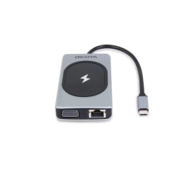 وحدة الشحن والتوصيل متعددة الوظائف DICOTA USB-C 10-in-1, شحن لاسلكي بقدرة تصل إلى 15 واط, منافذ متعددة للأجهزة الطرفية, منفذ شبكة Ethernet RJ-45 - فضي 
