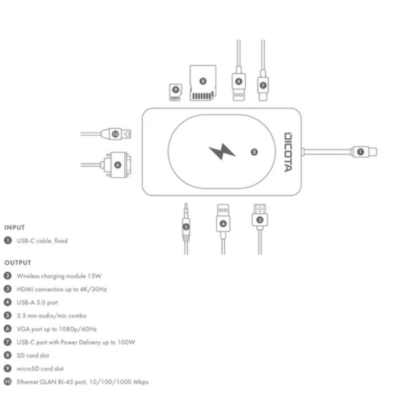 وحدة الشحن والتوصيل متعددة الوظائف DICOTA USB-C 10-in-1, شحن لاسلكي بقدرة تصل إلى 15 واط, منافذ متعددة للأجهزة الطرفية, منفذ شبكة Ethernet RJ-45 - فضي