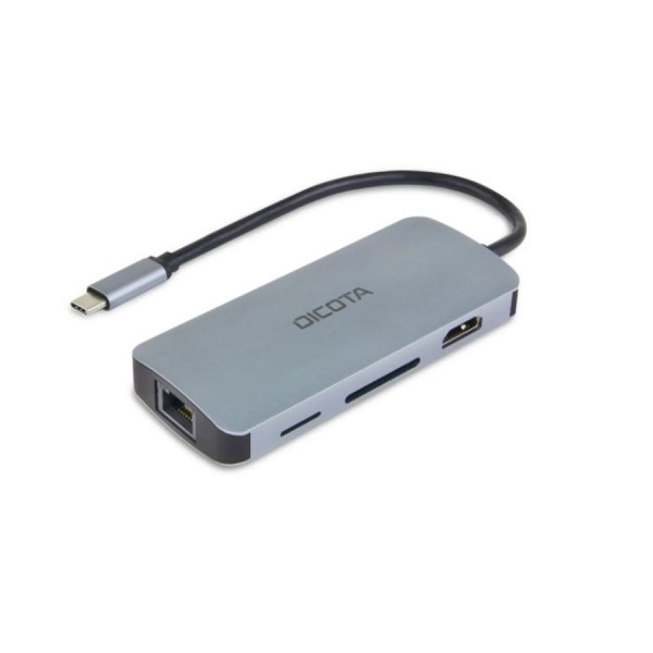 وحدة التوصيل DICOTA USB-C 8-in-1, مخرج HDMI بدقة 4K, ب 3 × منافذ USB-A ومنفذ USB-C, منفذ شبكة RJ-45, قارئ بطاقات SD و microSD, دعم توصيل الطاقة PD حتى 100 واط - فضي