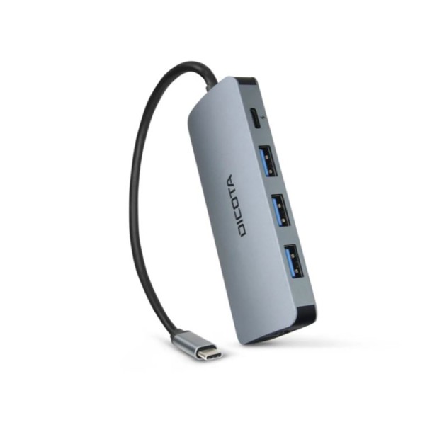 وحدة التوصيل DICOTA USB-C 8-in-1, مخرج HDMI بدقة 4K, ب 3 × منافذ USB-A ومنفذ USB-C, منفذ شبكة RJ-45, قارئ بطاقات SD و microSD, دعم توصيل الطاقة PD حتى 100 واط - فضي