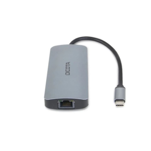 وحدة التوصيل DICOTA USB-C 8-in-1, مخرج HDMI بدقة 4K, ب 3 × منافذ USB-A ومنفذ USB-C, منفذ شبكة RJ-45, قارئ بطاقات SD و microSD, دعم توصيل الطاقة PD حتى 100 واط - فضي