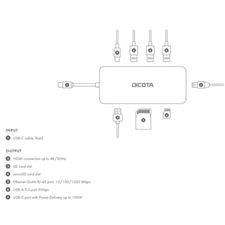 DICOTA USB-C 8-in-1 Multi-function Hub, HDMI 4K, PD 100W, 3 × USB-A and 1 × USB-C ports, RJ-45 LAN, Integrated SD / microSD - Silver