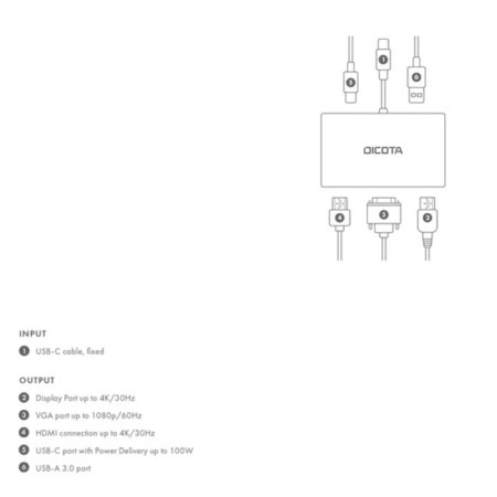 وحدة التوصيل المحمولة DICOTA USB-C Portable 5-in-1, تدعم العرض على شاشتين, مخارج HDMI و DP بدقة تصل إلى 4K, منافذ USB-A وUSB-C, تدعم الشحن السريع الى 100 واط - فضي