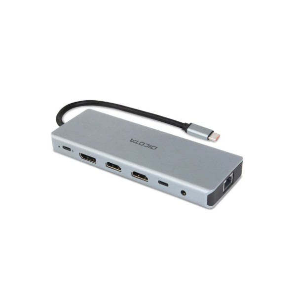 وحدة التوصيل DICOTA USB-C 13-in-1, مخرج HDMI بدقة 4K, ب 4 منافذ USB-A و منفذين USB-C, منفذ شبكة RJ-45, قارئ بطاقات SD و microSD, توصيل الطاقة PD حتى 100 واط - فضي