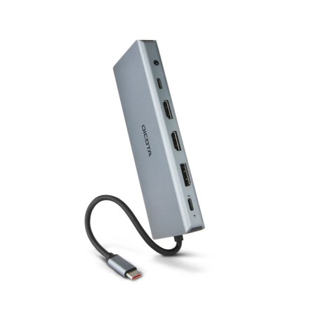 وحدة التوصيل DICOTA USB-C 13-in-1, مخرج HDMI بدقة 4K, ب 4 منافذ USB-A و منفذين USB-C, منفذ شبكة RJ-45, قارئ بطاقات SD و microSD, توصيل الطاقة PD حتى 100 واط - فضي