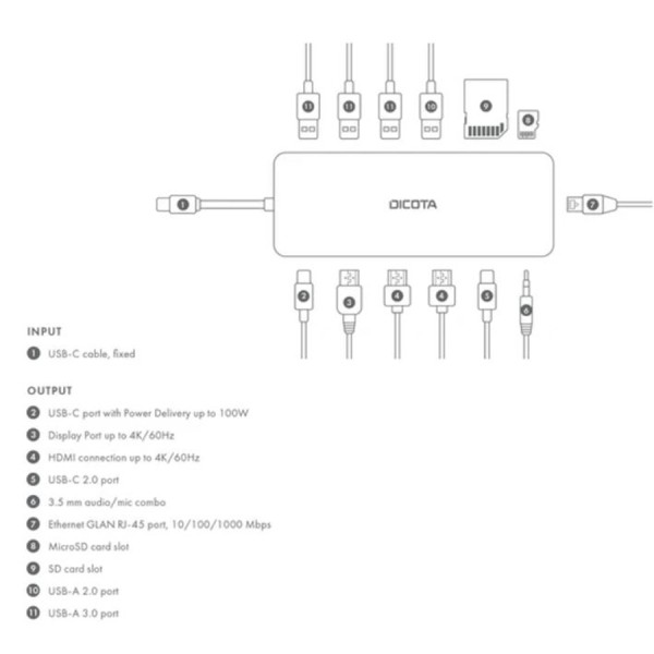وحدة التوصيل DICOTA USB-C 13-in-1, مخرج HDMI بدقة 4K, ب 4 منافذ USB-A و منفذين USB-C, منفذ شبكة RJ-45, قارئ بطاقات SD و microSD, توصيل الطاقة PD حتى 100 واط - فضي