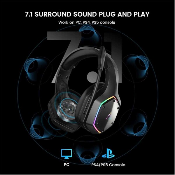Wireless Gaming Headset EKSA 1000WT ,7.1 surround ,noise-cancelling ,Up to approx. 20 hours -Black