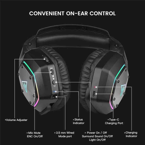Wireless Gaming Headset EKSA 1000WT ,7.1 surround ,noise-cancelling ,Up to approx. 20 hours -Black