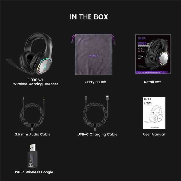 Wireless Gaming Headset EKSA 1000WT ,7.1 surround ,noise-cancelling ,Up to approx. 20 hours -Black