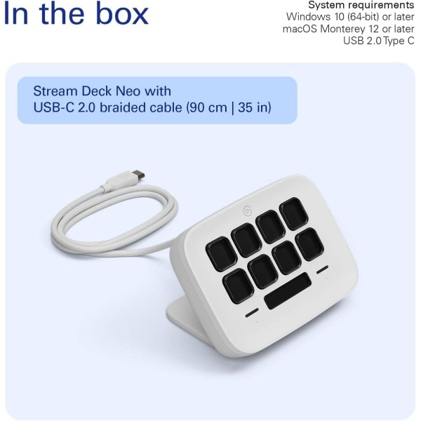 Elgato Stream Deck Neo, compact control pad, 8 LCD keys, touch strip, work with popular apps, easy setup - White