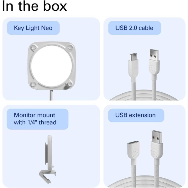 إضاءة  Elgato Key Light Neo, إضاءة LED ناعمة ومحسّنة للوجه والكاميرا, تحكم سهل في السطوع حتى 1000 شمعة, توصيل USB-A / USB-C / مزود طاقة خارجي - أبيض