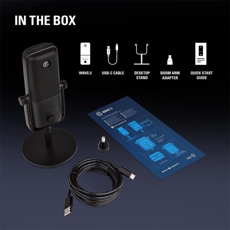 Elgato WAVE 3 premium USB condenser microphone, Clipguard technology, control via Wave Link software, USB-C connection - BLACK