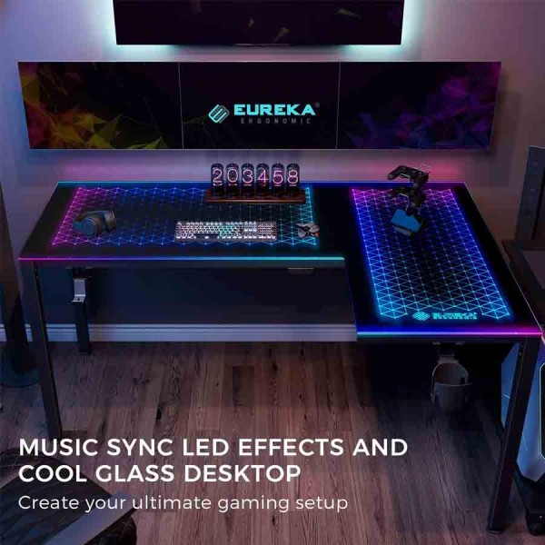 Eureka L60R-B Reversible L-Shaped Glass Gaming Desk - RGB LED Eureka L60R-B Reversible L-Shaped Glass Gaming Desk - RGB LED
